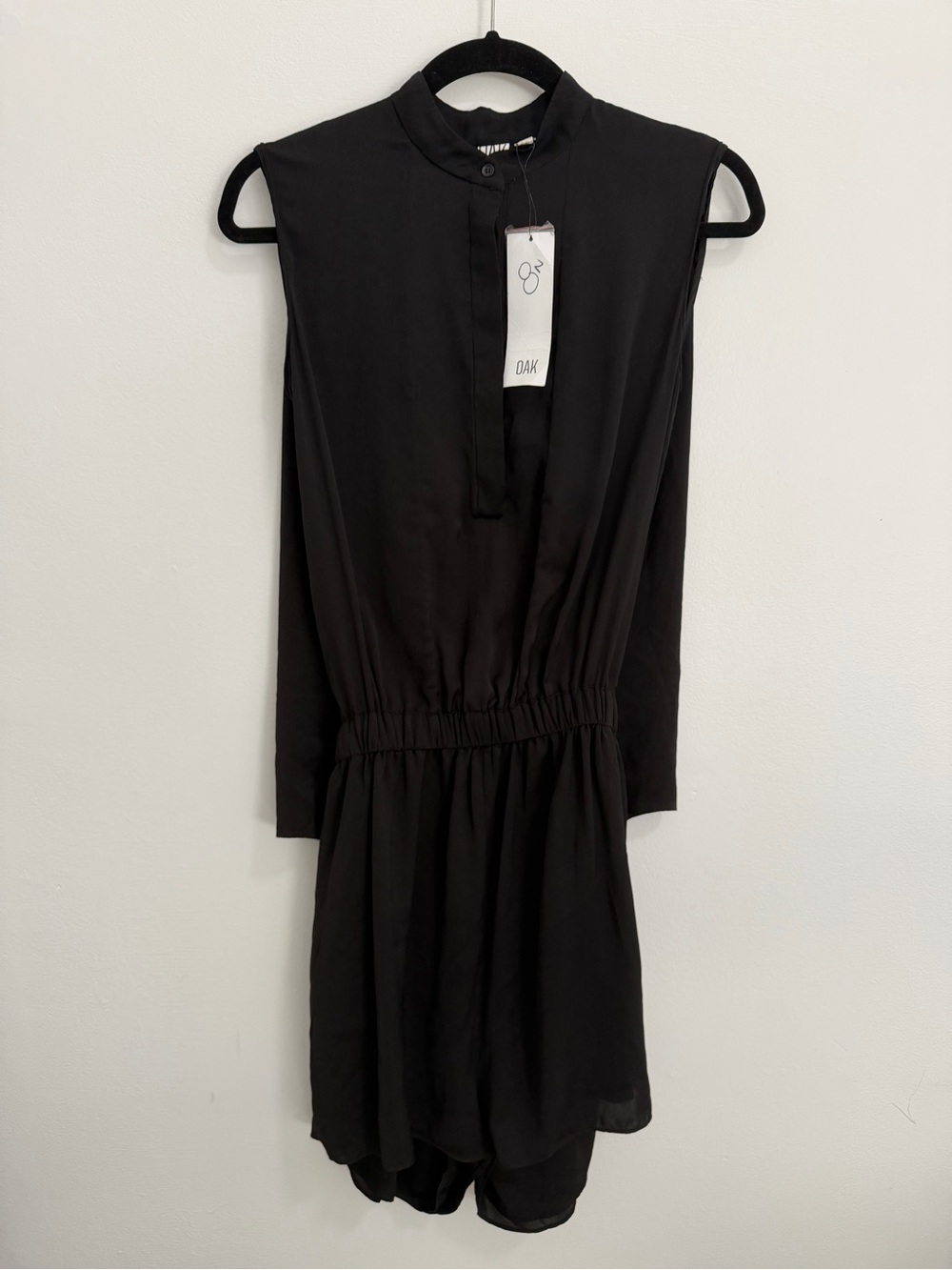 OAK Black Romper Sleeveless Shorts Button Front Draped Back Mandarin Collar